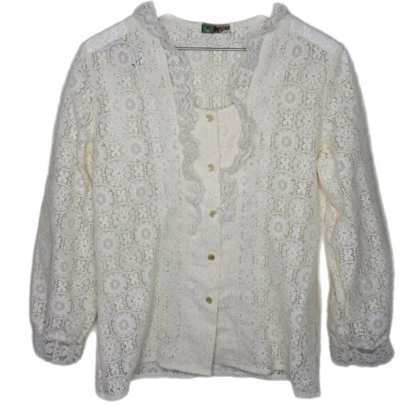 Vintage Cream Lace Ruffle Western Style Button Up Shirt - Women's Small - Picture 1 of 6
